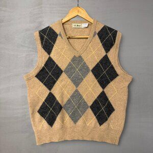 Vintage L.L.Bean Argyle 100% Wool V Neck Sweater Vest Pullover Tan Brown Large